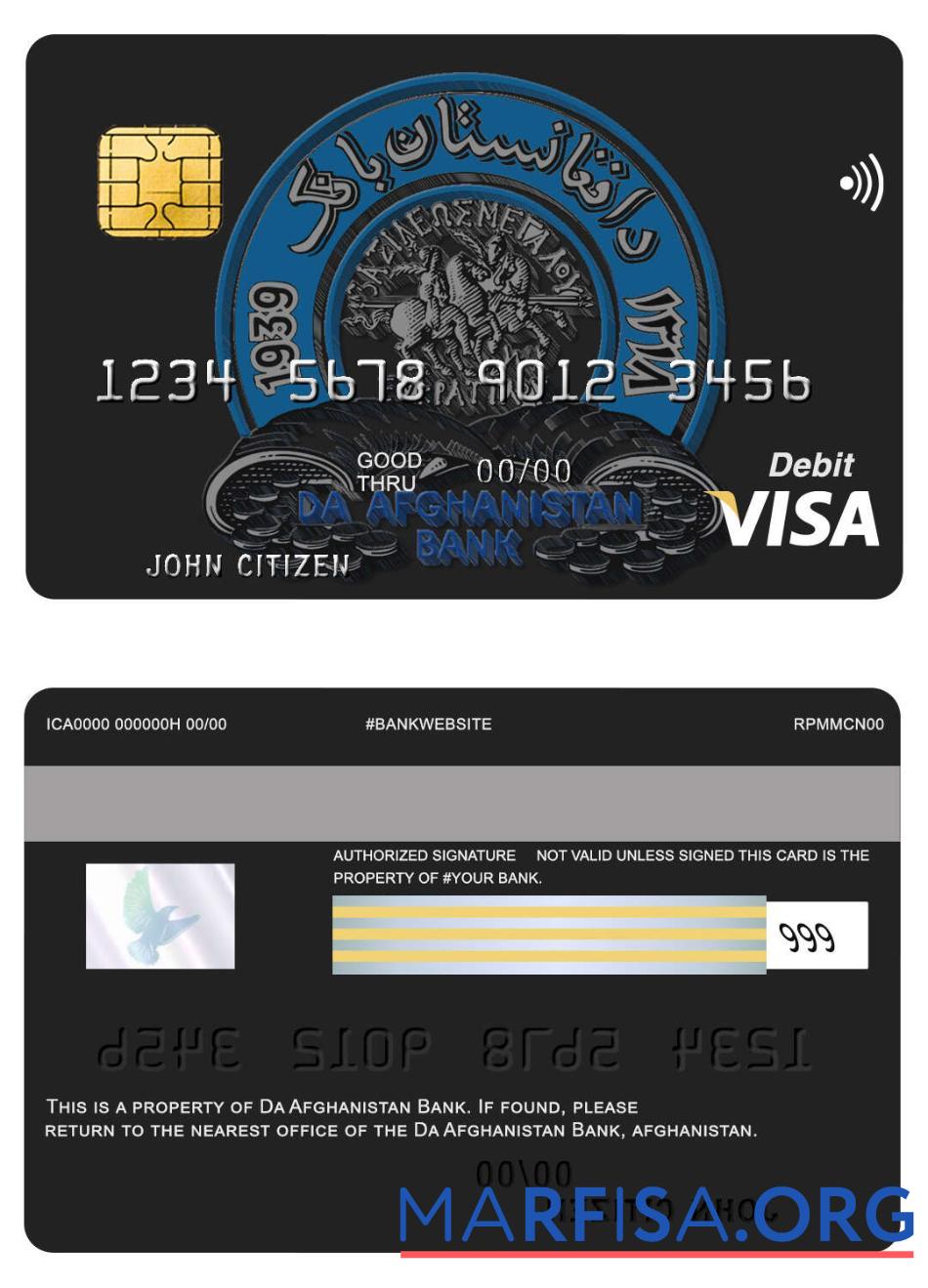 Downloadable Afghanistan Da bank visa card real example